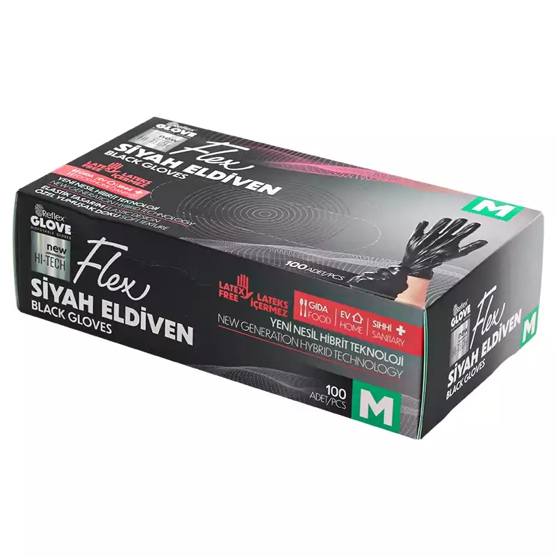 Reflex Flex Pudrasız Eldiven Siyah Hibrit Medium 100'lü - REFLEX